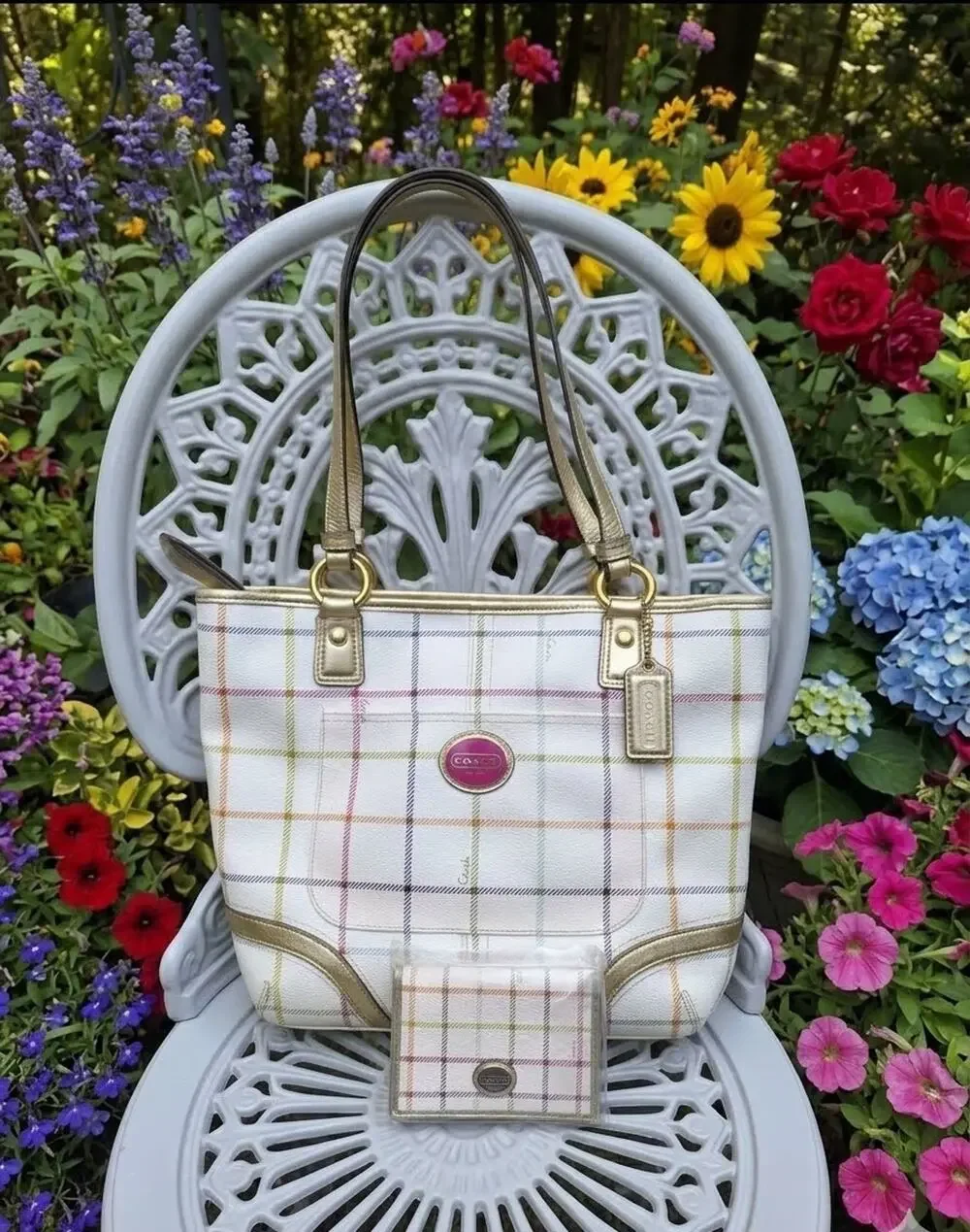 🌟 NWOT Coach Peyton Tattersall Plaid Tote Bag & Matching Wallet Set 🌟